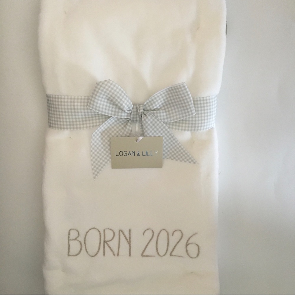 Baby Blanket White Plush Embroidered “Born 2026” Neutral Color NEW